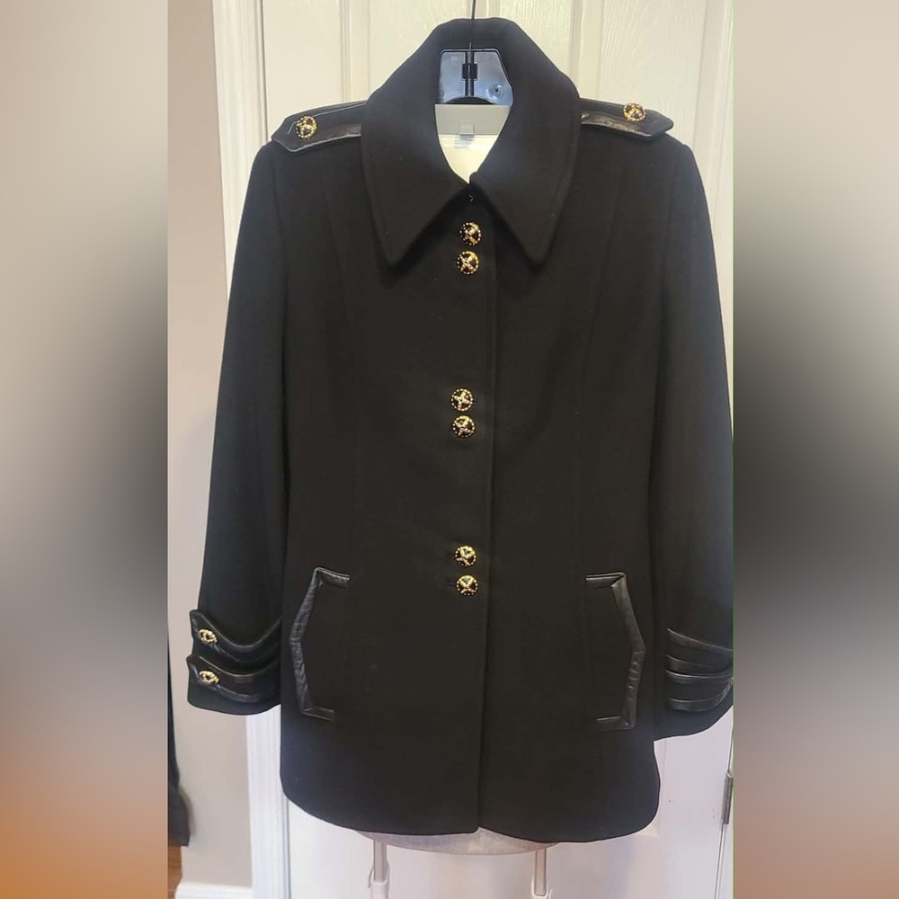 VINTAGE St. John Collection Cashmere Wool Blend Pea Coat Leather Trim Sz 8